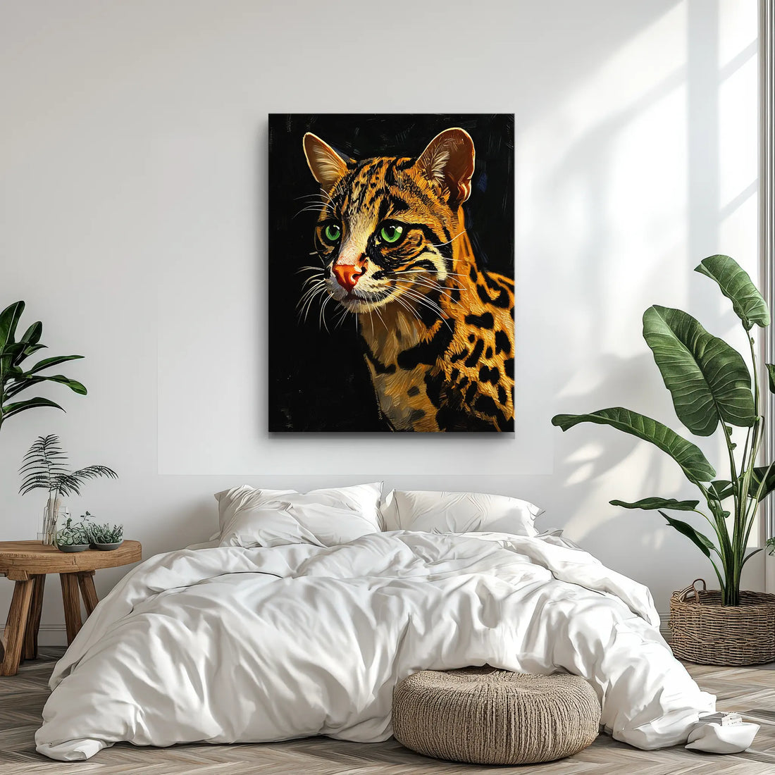A bedroom with a large painting of a leopard on the wall above a white bed, surrounded by plants and a woven pouf.