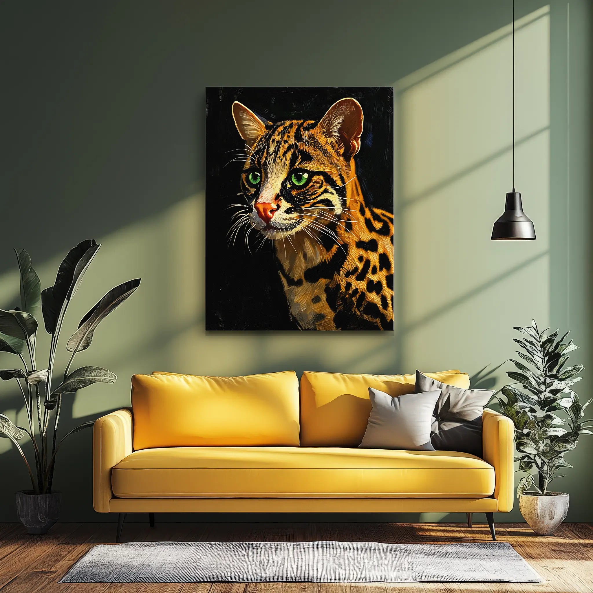 A modern living room with a yellow sofa, green walls, and a large painting of a leopard on the wall.