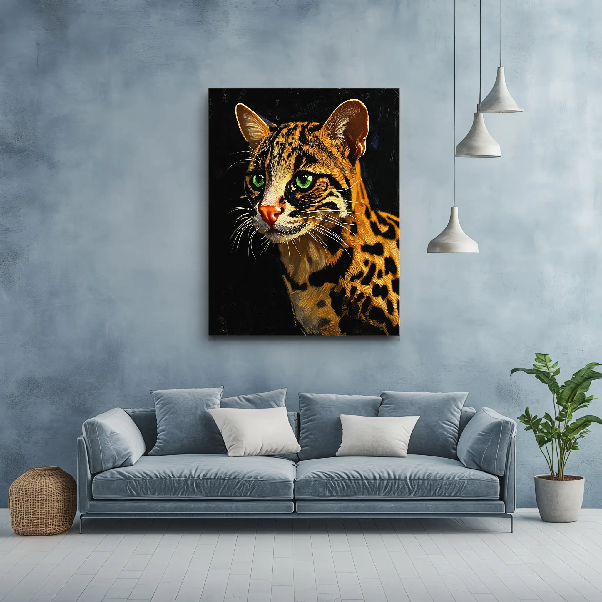 Painting of a leopard with green eyes on a wall above a blue sofa in a modern living room.