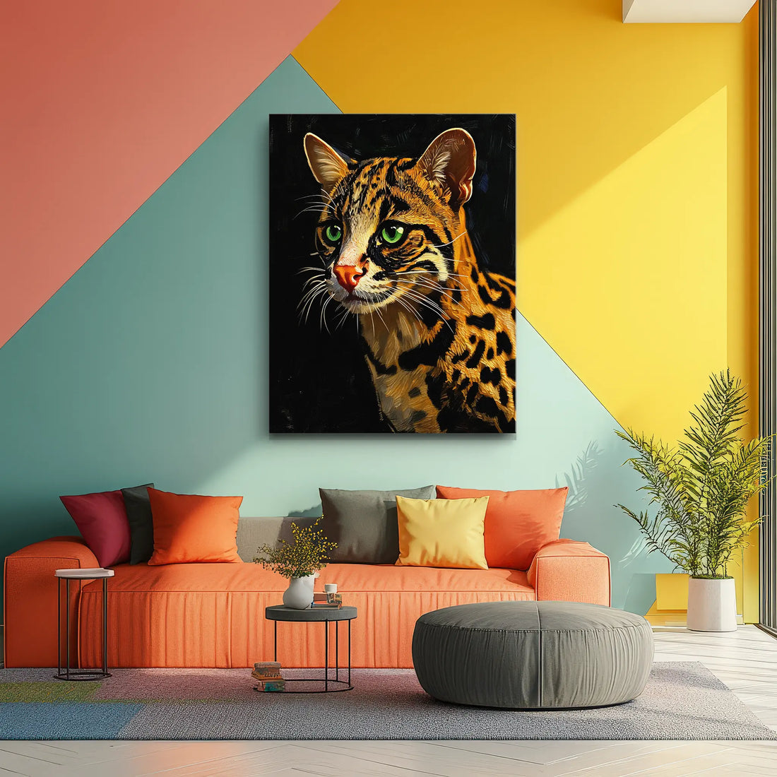 Colorful living room with geometric wall design, featuring a large painting of a leopard with green eyes above an orange sofa with multicolored cushions.