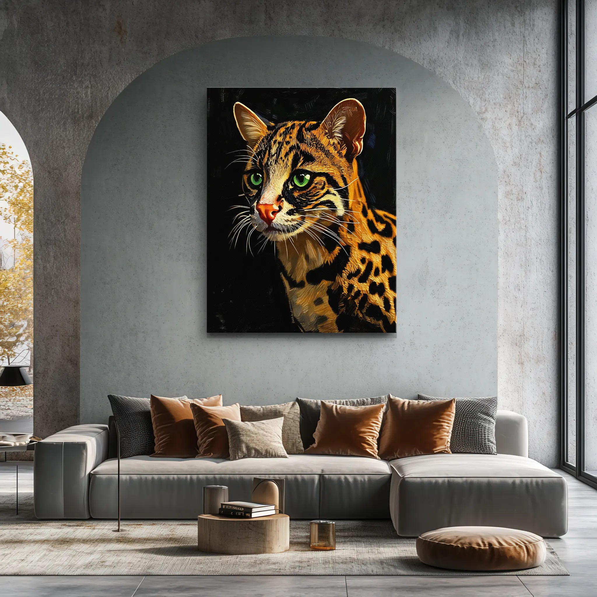 Painting of a leopard with green eyes on a wall above a modern gray sofa with brown and gray cushions.