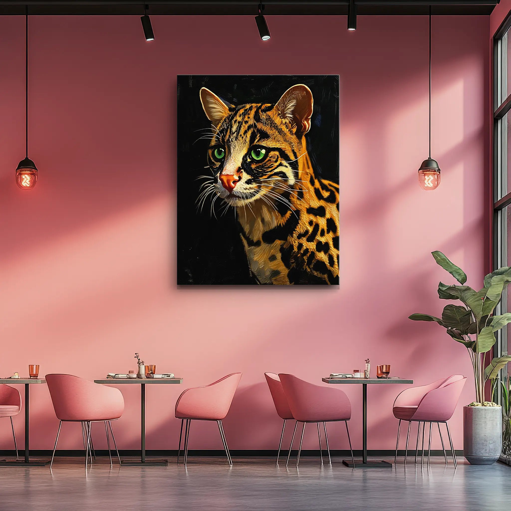 A modern cafe interior with pink walls, featuring a large painting of a leopard with green eyes.