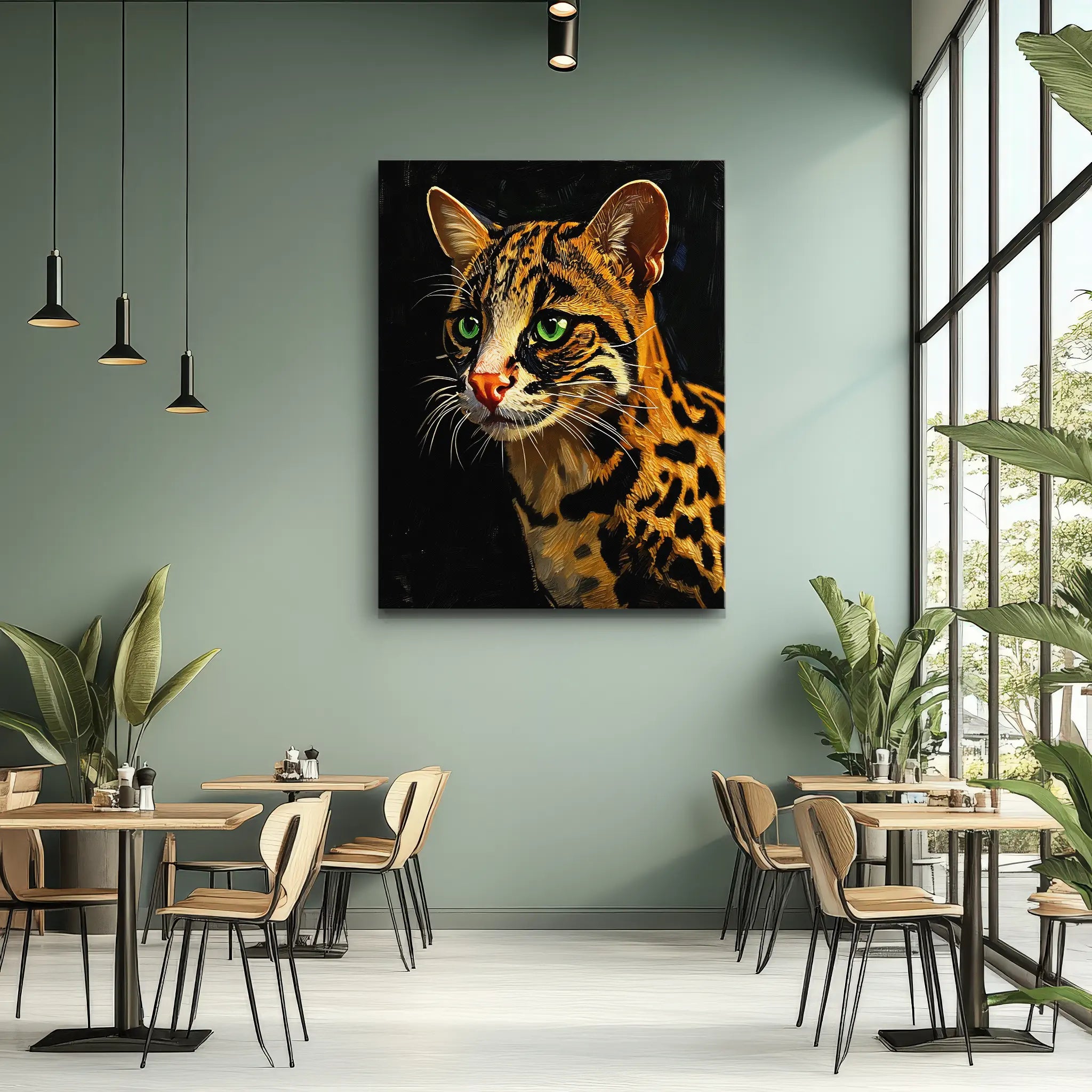 A modern cafe interior with light wooden tables and chairs, featuring a large, vibrant painting of a leopard with green eyes on a teal wall.