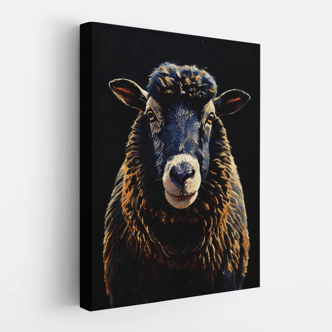 Canvas print featuring a detailed painting of a black sheep with a dark background.