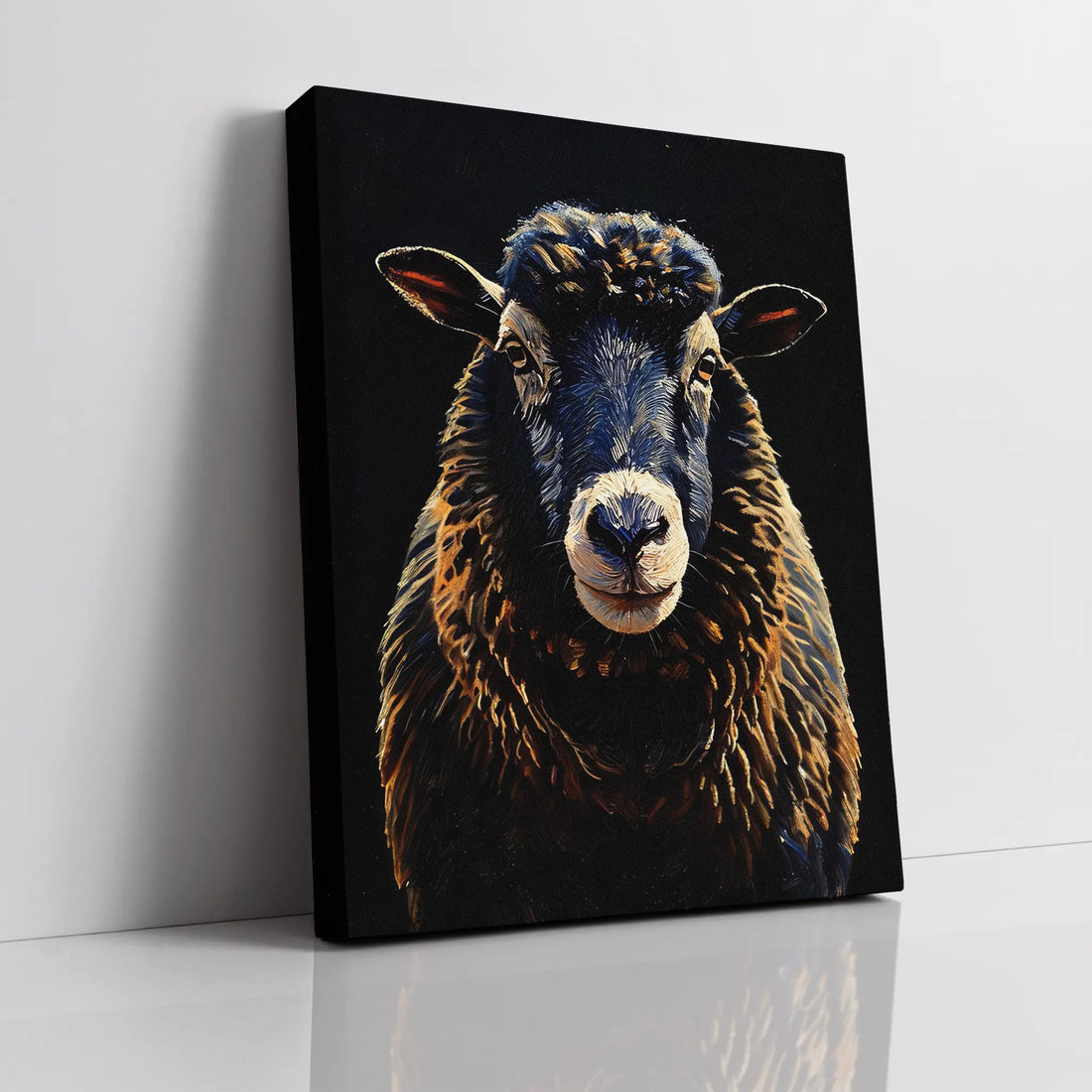 Canvas print of a black sheep with detailed fur texture on a dark background.