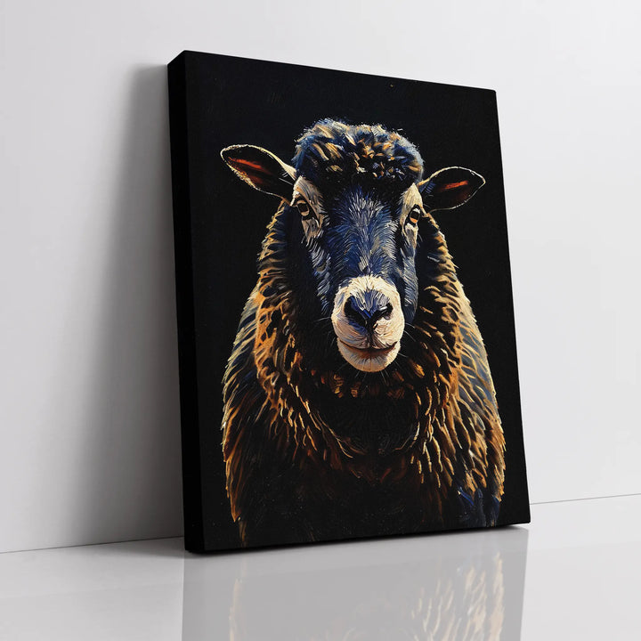 Canvas print of a black sheep with detailed fur texture on a dark background.