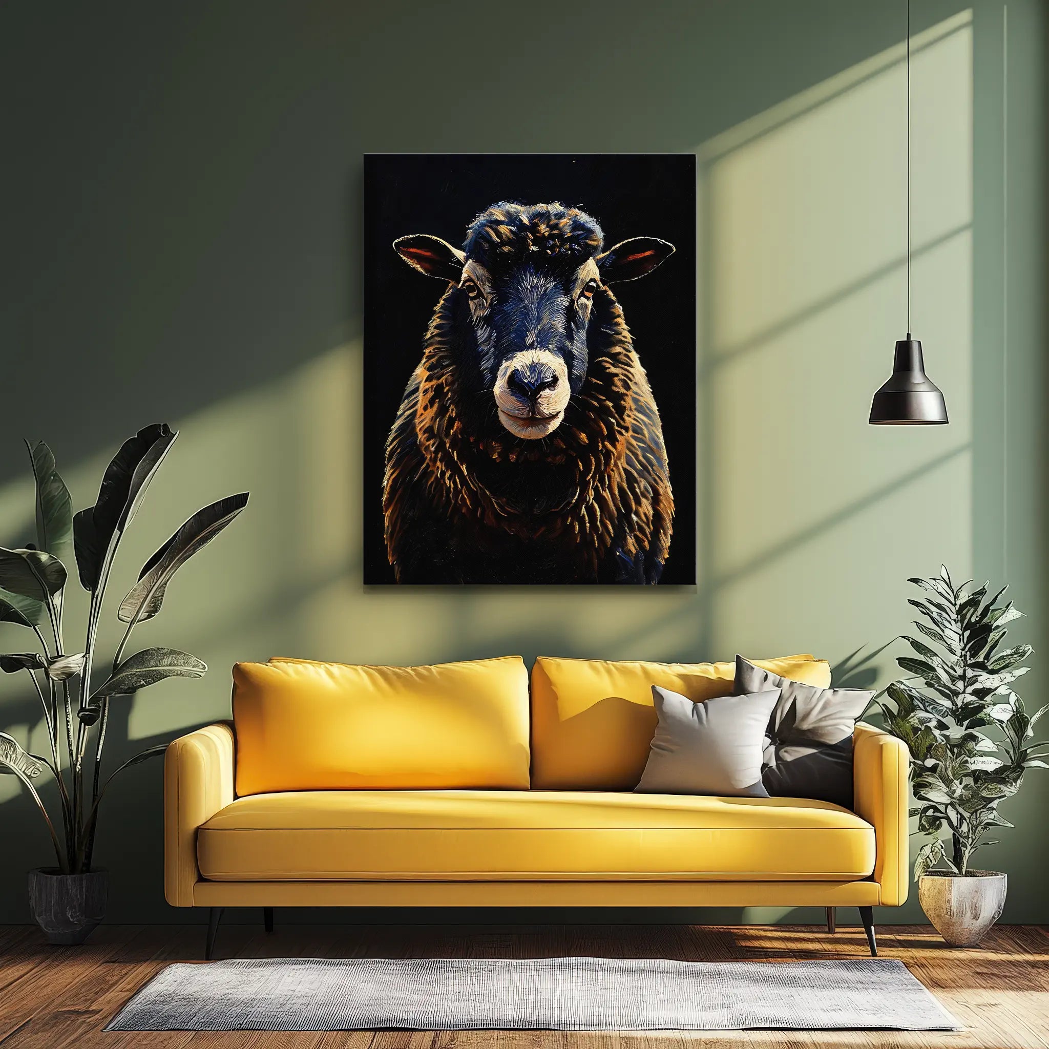 Yellow sofa with cushions in a stylish room, featuring a large sheep portrait on the wall, surrounded by plants and modern decor.