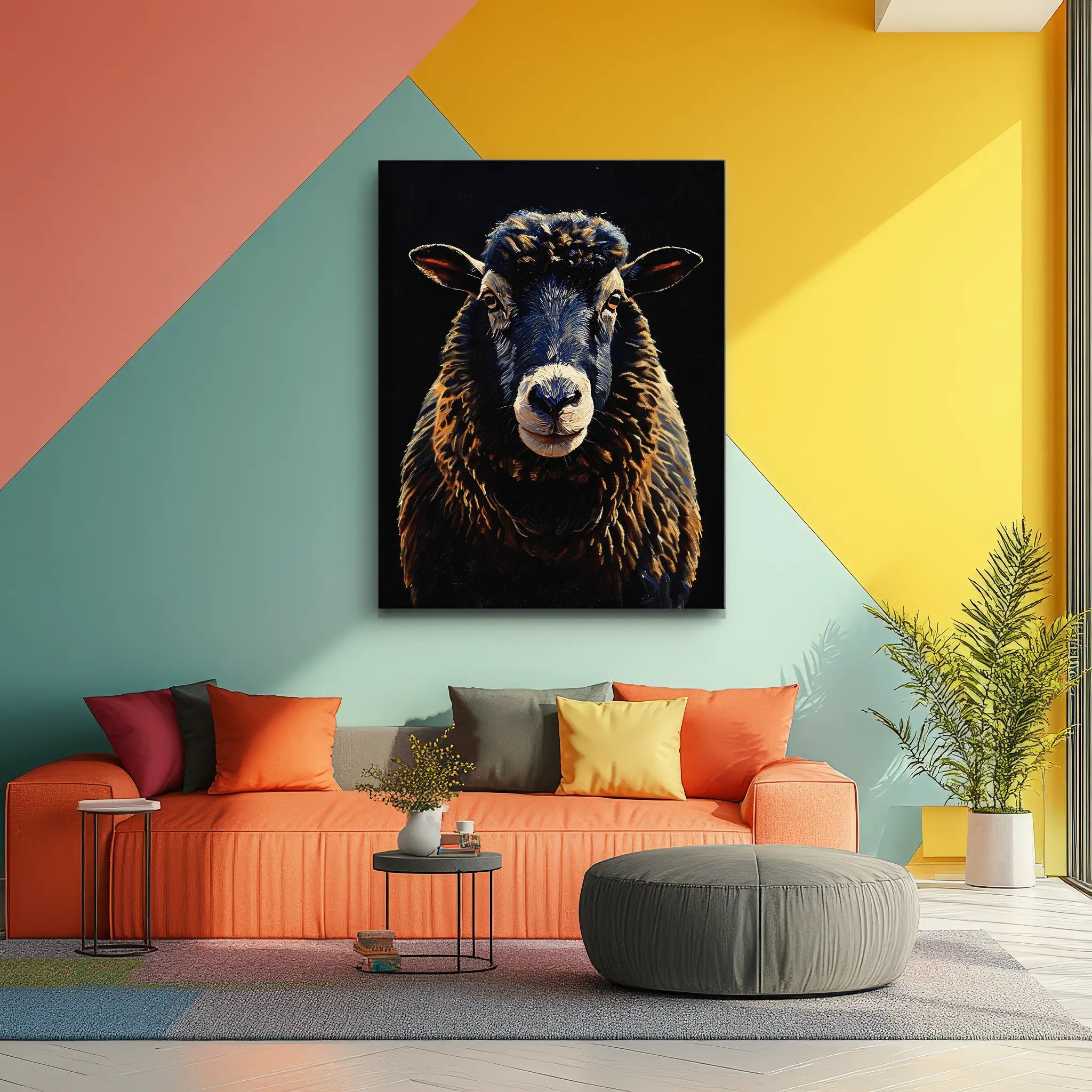 Colorful living room with geometric wall design, featuring an orange sofa, multicolored pillows, a round gray ottoman, and a large sheep portrait on the wall.