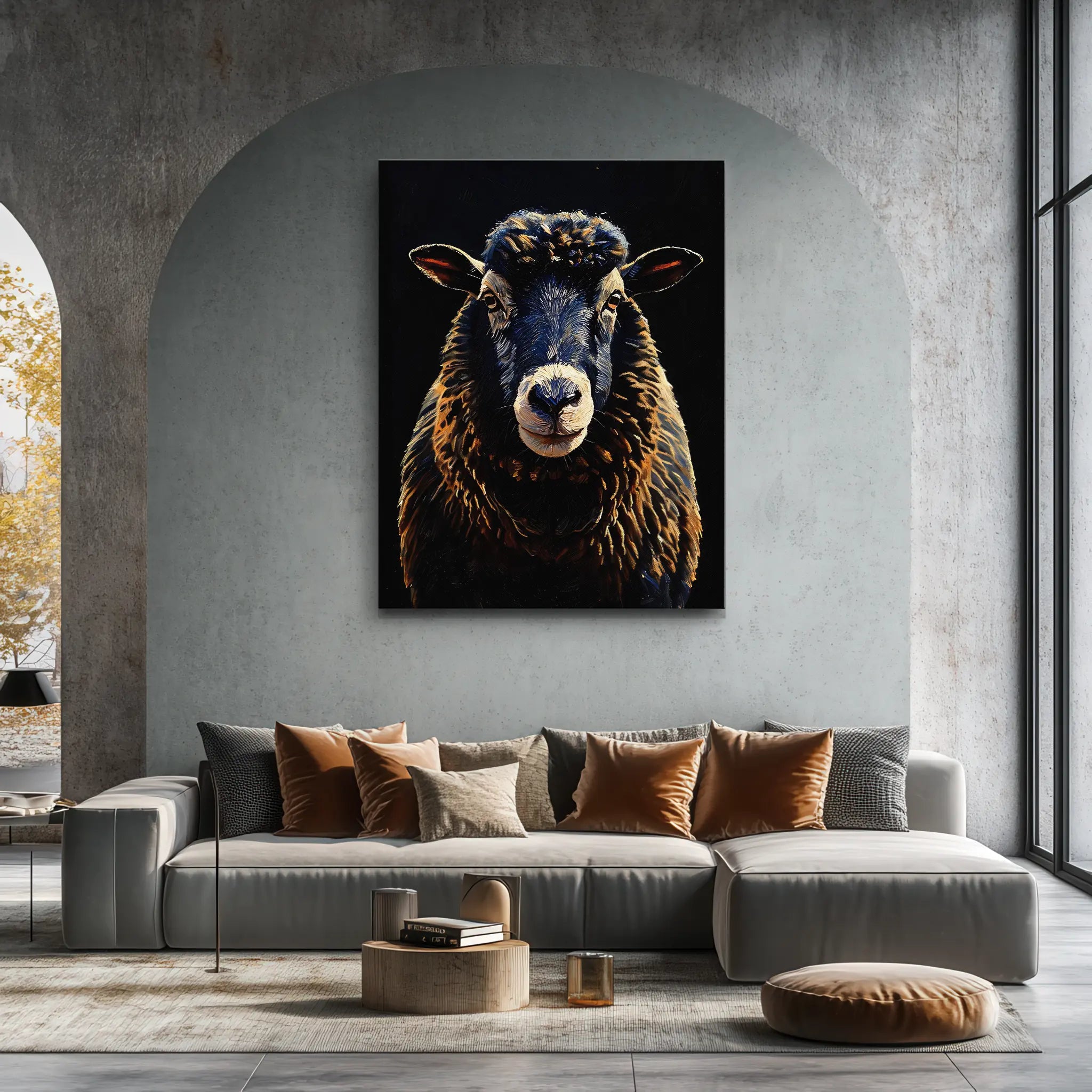 A modern living room with a large black sheep painting above a gray sectional sofa adorned with brown and gray cushions.