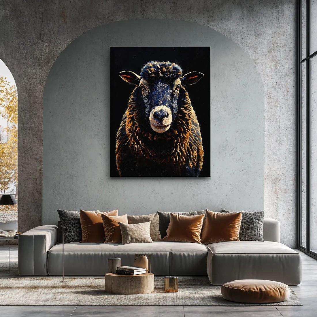A modern living room with a large black sheep painting above a gray sectional sofa adorned with brown and gray cushions.