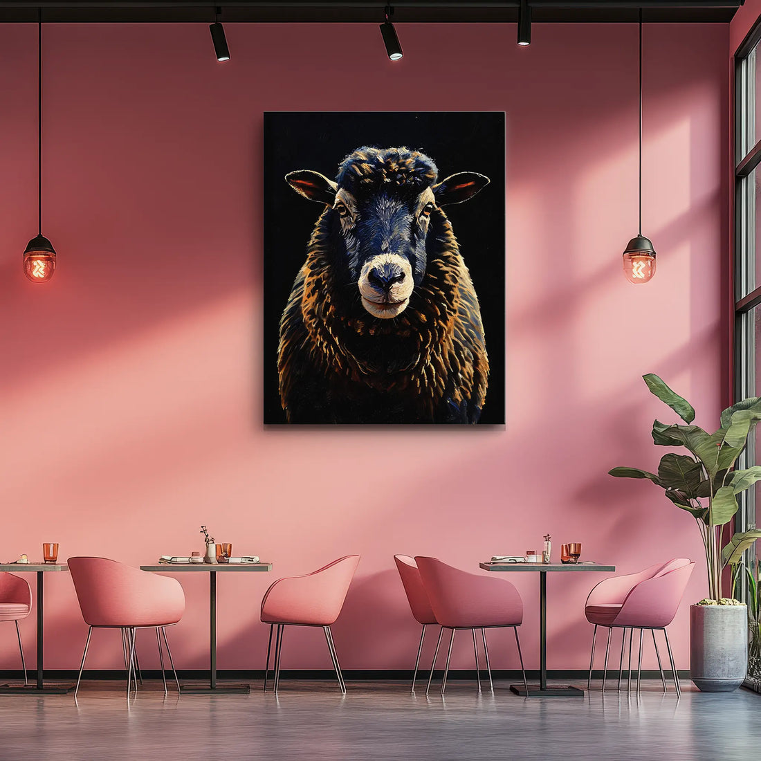 A modern cafe interior with pink walls, featuring a large painting of a black sheep, pink chairs, small tables, pendant lights, and a potted plant.