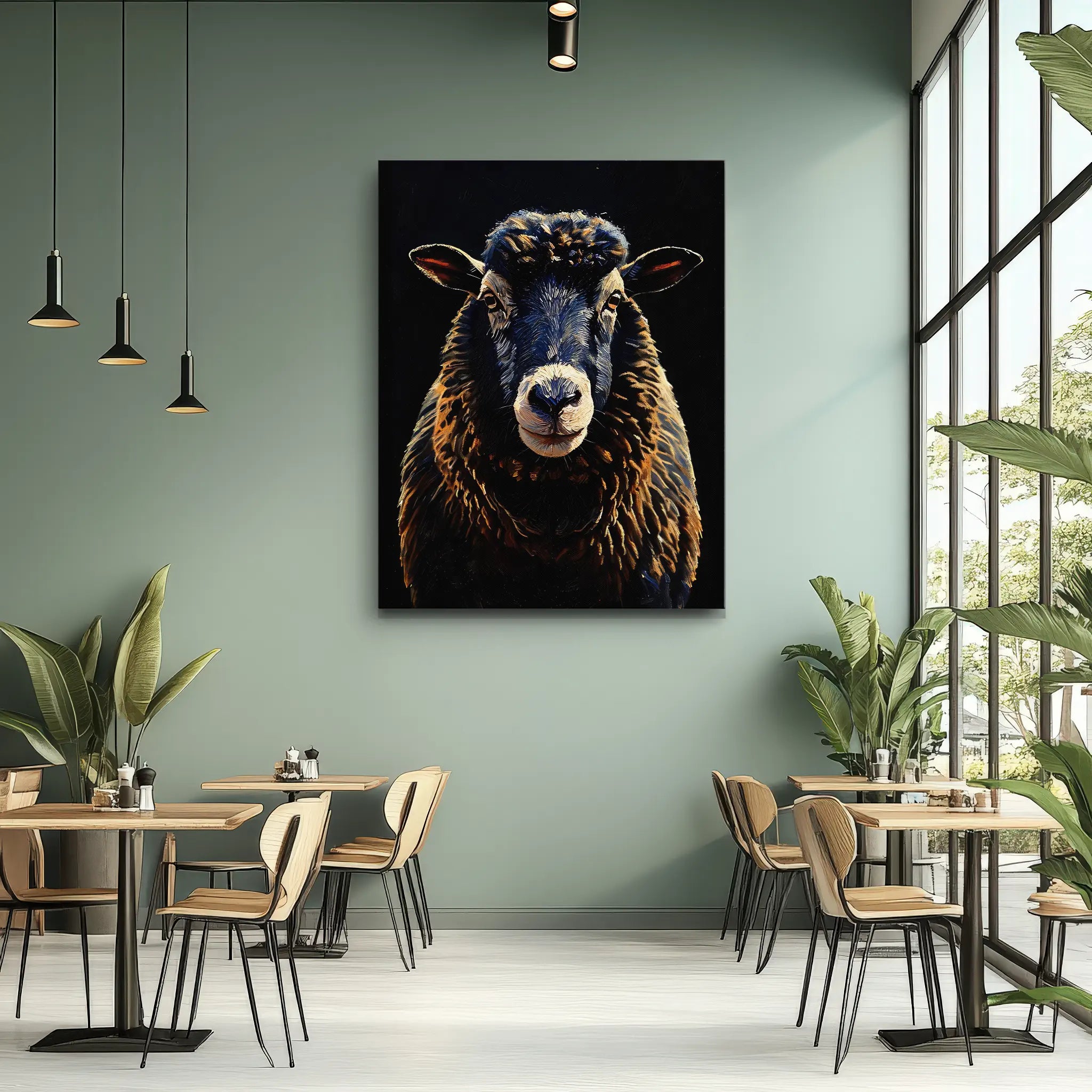 A modern cafe interior with a large painting of a sheep on a green wall, surrounded by tables, chairs, and plants.