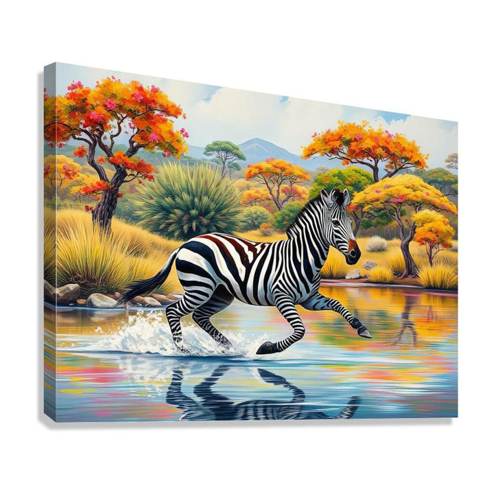 Zebra Running At The River, Animal Art Print 43846 Giclée Stretched Canvas Print Visual Wall Art